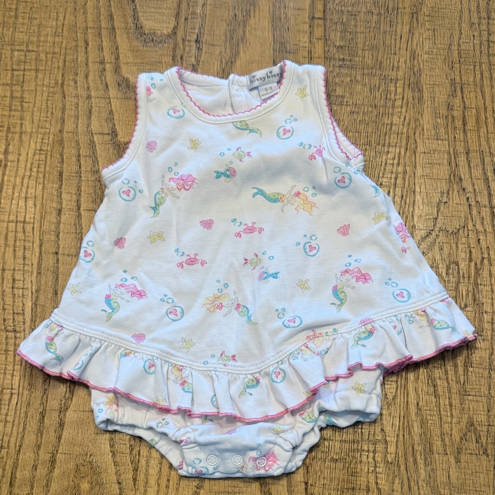 Kissy Kissy White Sleeveless Mermaid Ruffle Romper with Pink Trim